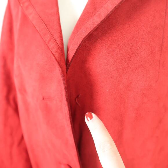 Vintage 70s deep red faux suede button front mid length coat L - Picture 5 of 7
